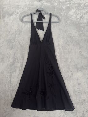 Forever 21 Halter Dress Womens L Black Floral Embroidery Beaded Detail